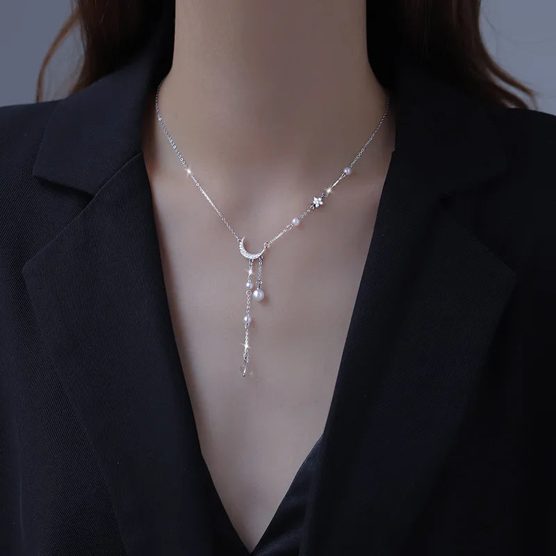 "Amoura Elegance Star Moon Imitation Pearl Tassel Chain Necklace – Light Luxury Clavicle Chain for Women, Party Jewelry"