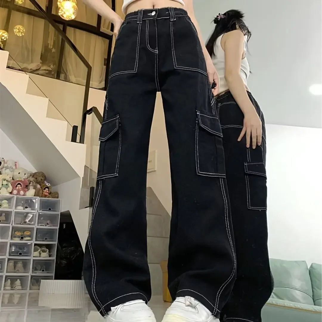 Amoura Elegance Women's 2024 Straight-Leg Loose-Fit High-Waisted Cargo Pants – Slimming, Petite-Friendly Wide-Leg Design for Spring & Autumn/Winter