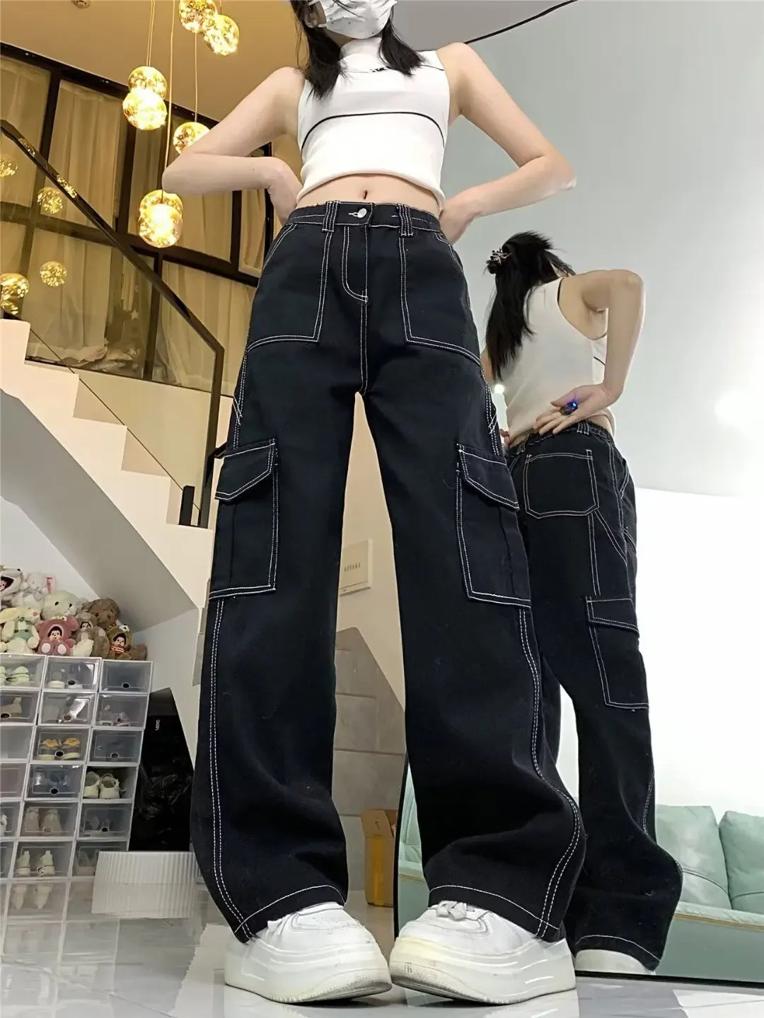 Amoura Elegance Women's 2024 Straight-Leg Loose-Fit High-Waisted Cargo Pants – Slimming, Petite-Friendly Wide-Leg Design for Spring & Autumn/Winter