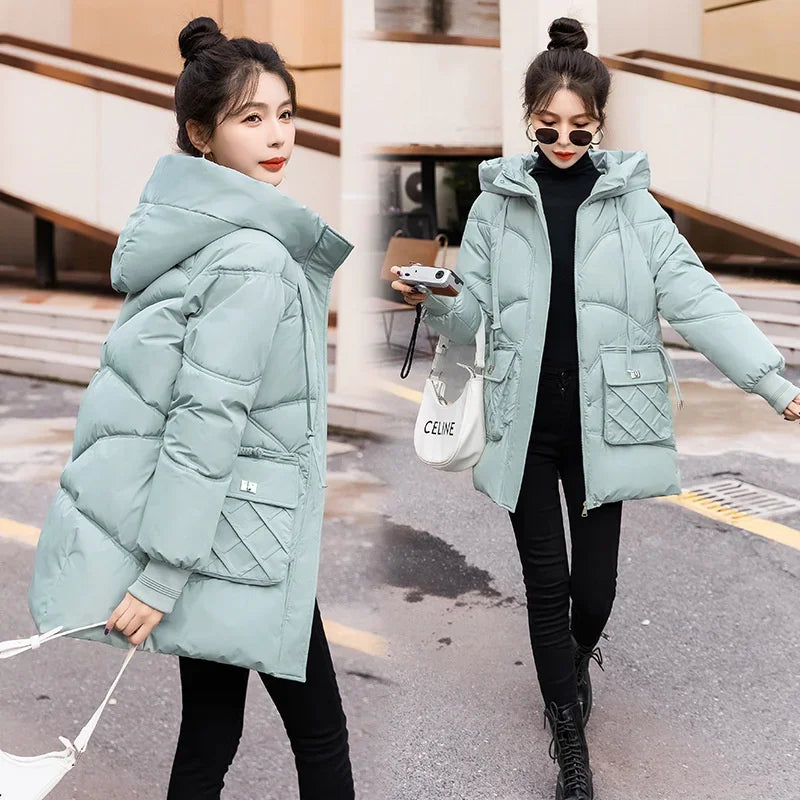 Amoura Elegance Women's 2024 Hooded Parka Winter Jacket – Thick Cotton Padded Long Warm Coat for Winter Weather