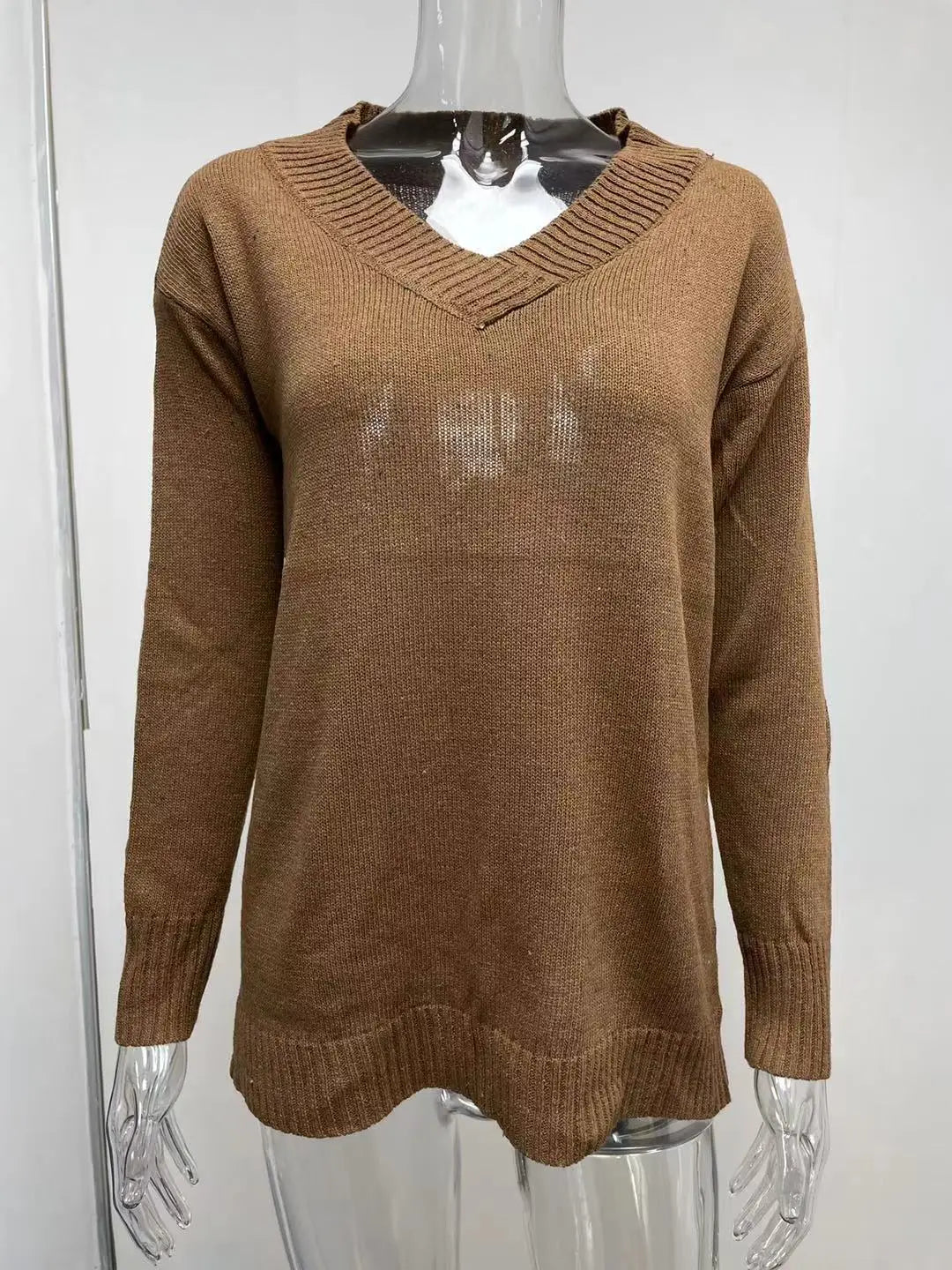 Amoura Elegance Fashion Europe and US 2024 Autumn/Winter Solid Color V-Neck Sweater Blouse – Casual Loose Fit Women's Top