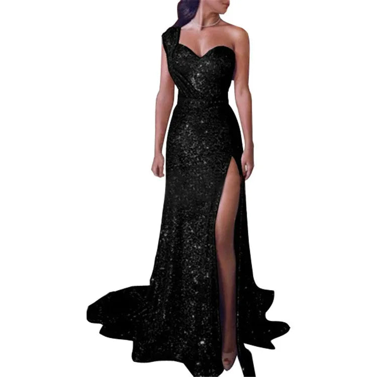 Amoura Elegance European & American Women's Sexy One-Shoulder Sleeveless Gold Slit Long Dress