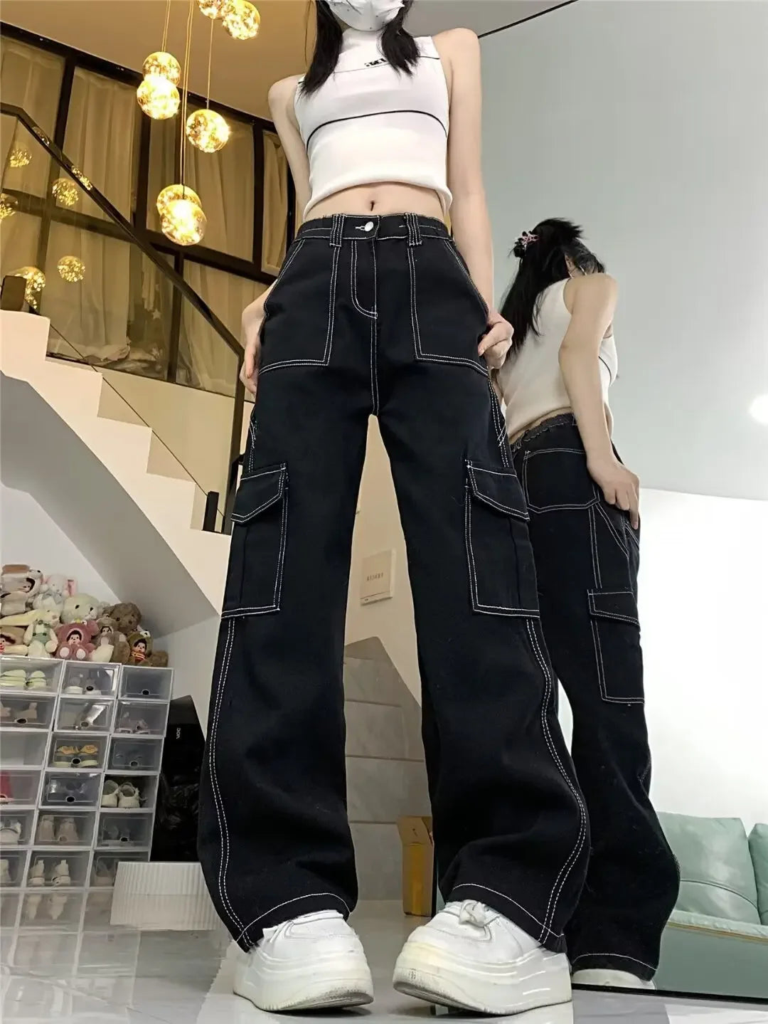 Amoura Elegance Women's 2024 Straight-Leg Loose-Fit High-Waisted Cargo Pants – Slimming, Petite-Friendly Wide-Leg Design for Spring & Autumn/Winter