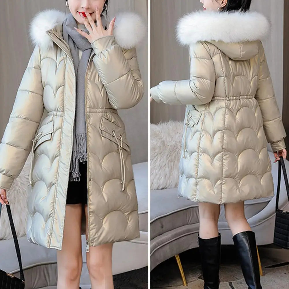 "Amoura Elegance Women's Winter Cotton Coat – Thickened Padded Faux Fur Hooded Mid-Length Slim Fit Windproof Outerwear for Cold Weather Comfort"