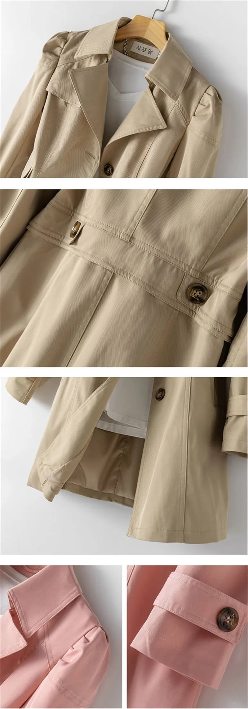 Amoura Elegance Spring Autumn Trench Coat: New 2024 Korean Mid-Long Overcoat in Khaki