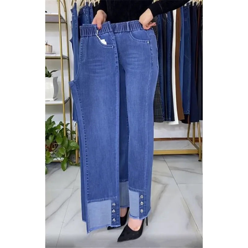 Women's Spring & Autumn Stretch Waist Straight Denim Pants – Large Size, Loose High-Waist Casual Jeans in Black & Blue | Amoura Elegance