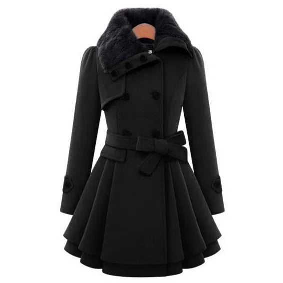 Amoura Elegance Women's Mid-Length Woolen Jacket – Double Breasted Thick Overcoat with Belt, Stylish and Warm Outerwear for Fall/Winter
