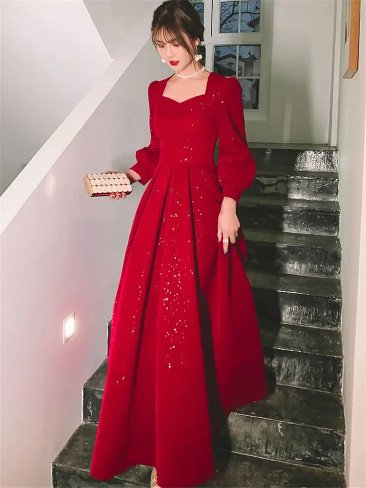 Temperament Dress Women's Solid Color Square Collar Long-Sleeved A-Line Long Skirt – Spring & Autumn Fashion - AMOURA ELEGANACE