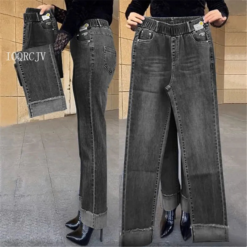 Women's Spring & Autumn Stretch Waist Straight Denim Pants – Large Size, Loose High-Waist Casual Jeans in Black & Blue | Amoura Elegance