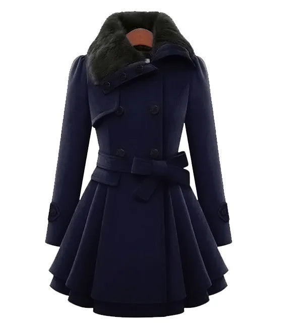 Amoura Elegance Women's Mid-Length Woolen Jacket – Double Breasted Thick Overcoat with Belt, Stylish and Warm Outerwear for Fall/Winter