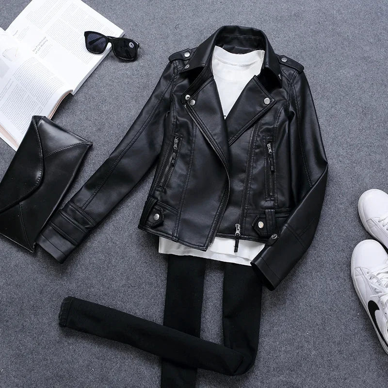 Amoura Elegance Korean Slim PU Leather Motorcycle Jacket – Women’s Short Coat for Spring, Autumn & Winter
