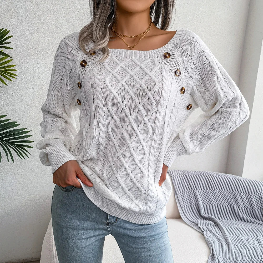Amoura Elegance Women's 2024 Autumn/Winter Casual Square Collar Nail Buckle Twist Knitted Pullover Sweater – Chic & Cozy Knitwear