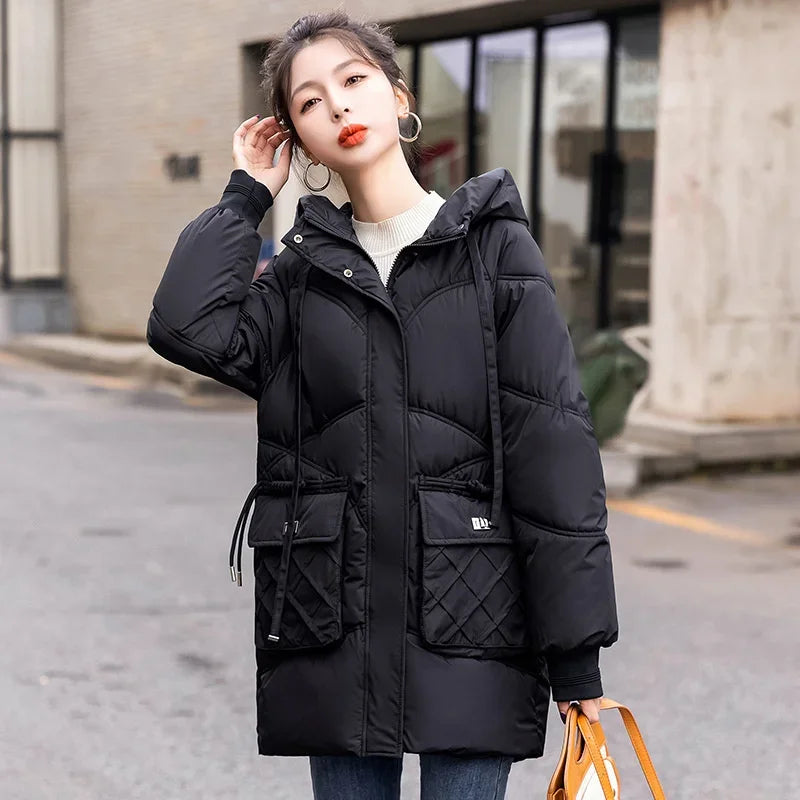 Amoura Elegance Women's 2024 Hooded Parka Winter Jacket – Thick Cotton Padded Long Warm Coat for Winter Weather