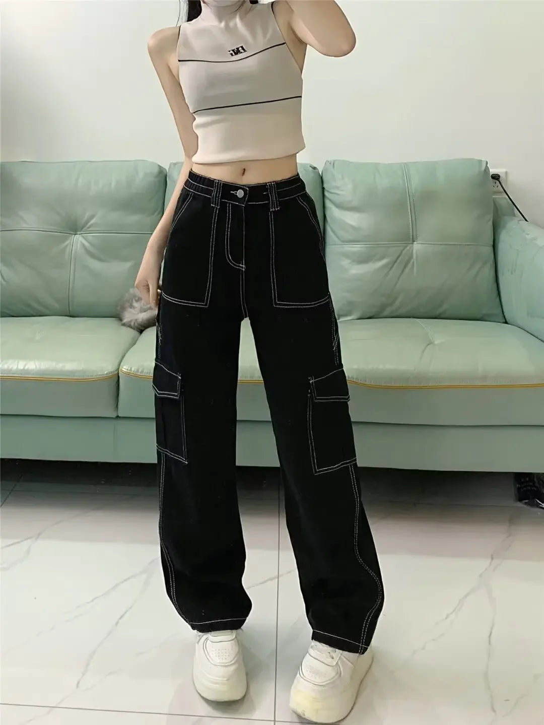 Amoura Elegance Women's 2024 Straight-Leg Loose-Fit High-Waisted Cargo Pants – Slimming, Petite-Friendly Wide-Leg Design for Spring & Autumn/Winter