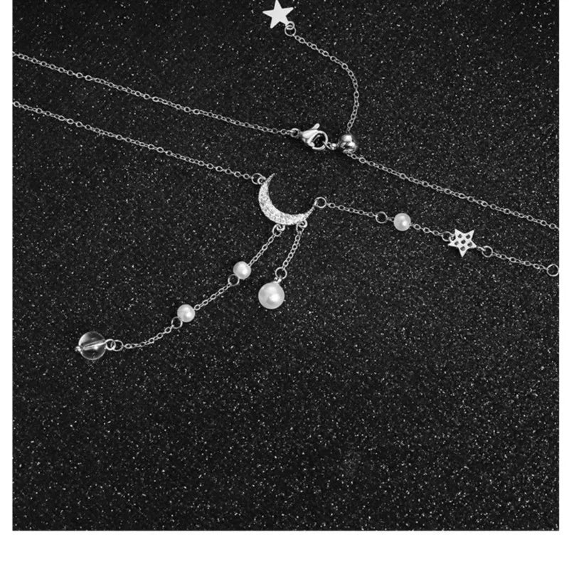 "Amoura Elegance Star Moon Imitation Pearl Tassel Chain Necklace – Light Luxury Clavicle Chain for Women, Party Jewelry"