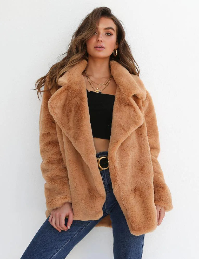 "Amoura Elegance Women's Plush Lapel Slim-Fit Jacket – European & American Fashion Sexy Autumn/Winter Outerwear for Stylish Comfort"