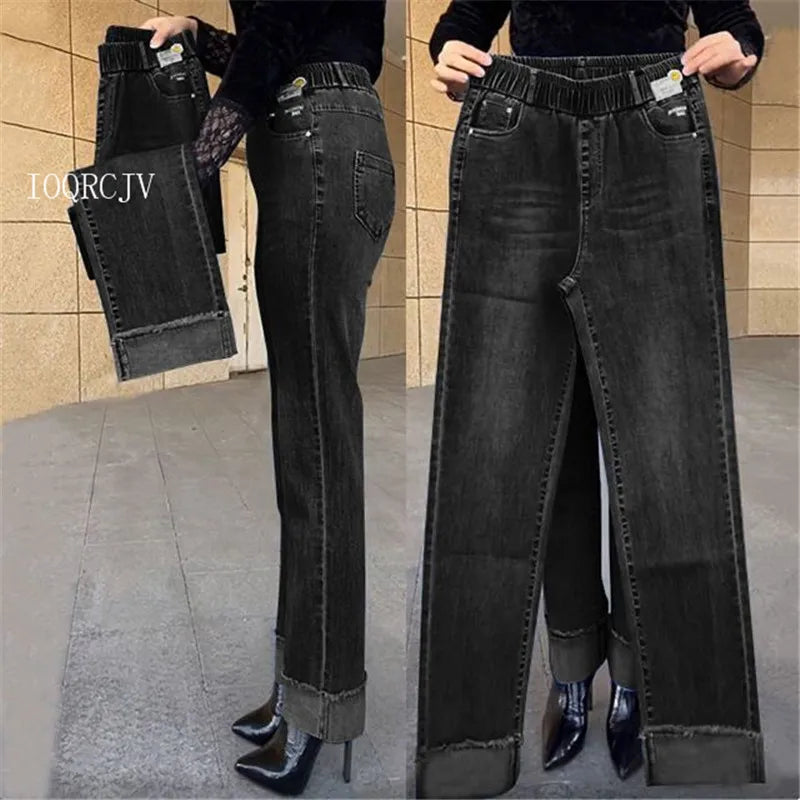 Women's Spring & Autumn Stretch Waist Straight Denim Pants – Large Size, Loose High-Waist Casual Jeans in Black & Blue | Amoura Elegance