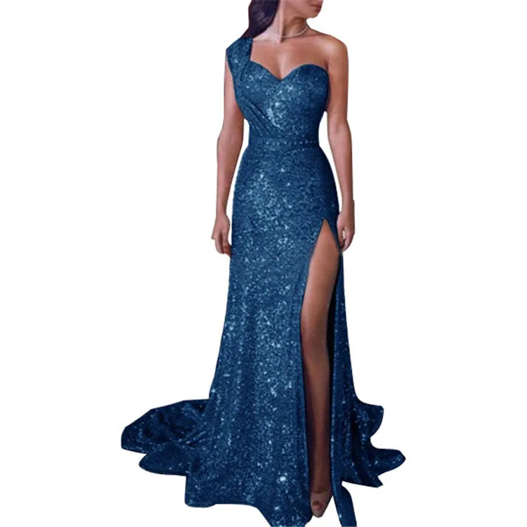 Amoura Elegance European & American Women's Sexy One-Shoulder Sleeveless Gold Slit Long Dress