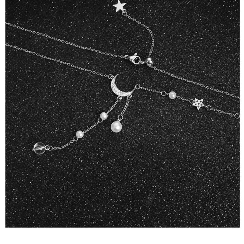 "Amoura Elegance Star Moon Imitation Pearl Tassel Chain Necklace – Light Luxury Clavicle Chain for Women, Party Jewelry"