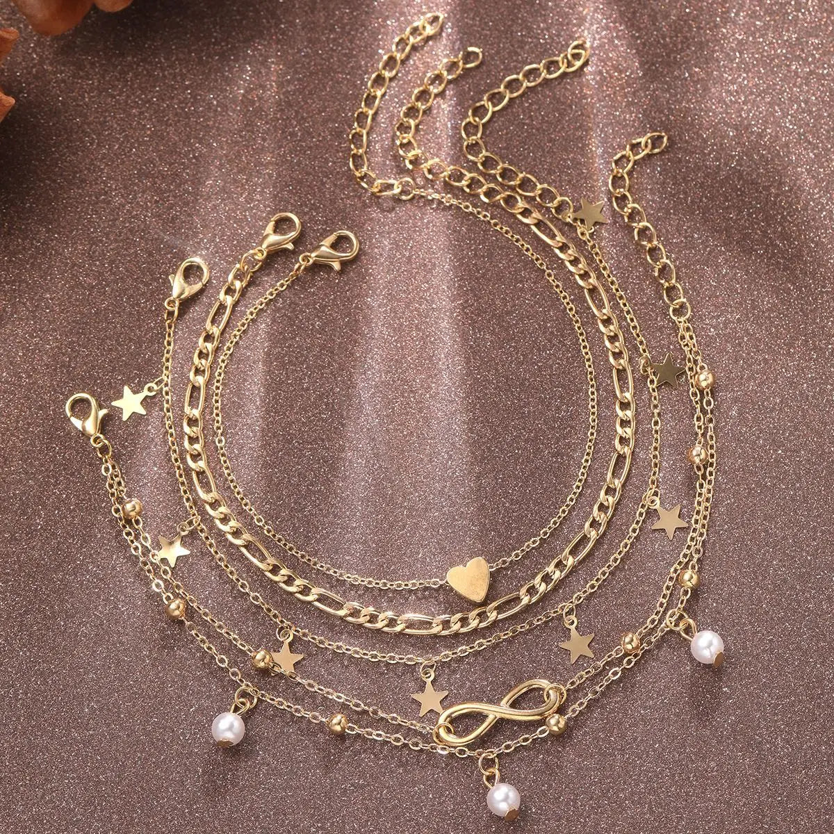 "AmouraElegance 5Pcs Bohemian Pineapple Pearl Anklet for Women | Fashion Simple Temperament Infinite Ankle Bracelets | Jewelry Star Anklets"