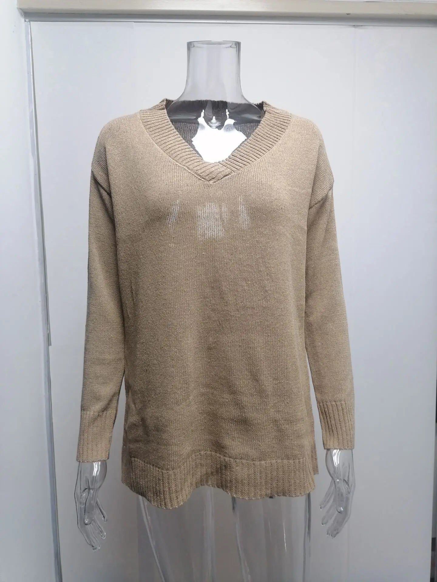 Amoura Elegance Fashion Europe and US 2024 Autumn/Winter Solid Color V-Neck Sweater Blouse – Casual Loose Fit Women's Top