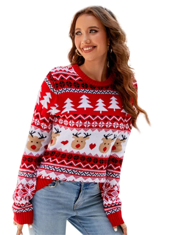Amoura Elegance Women’s Autumn/Winter Knitwear – O-Neck Long Sleeve Printed Sweater, Casual Fashion Knitted Pullover Top for Feminina Style