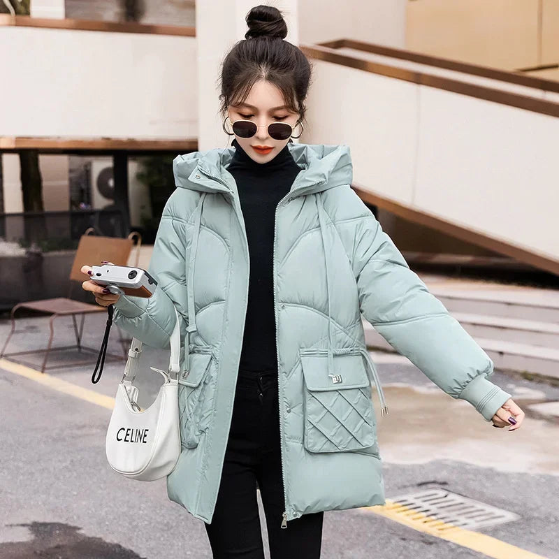 Amoura Elegance Women's 2024 Hooded Parka Winter Jacket – Thick Cotton Padded Long Warm Coat for Winter Weather