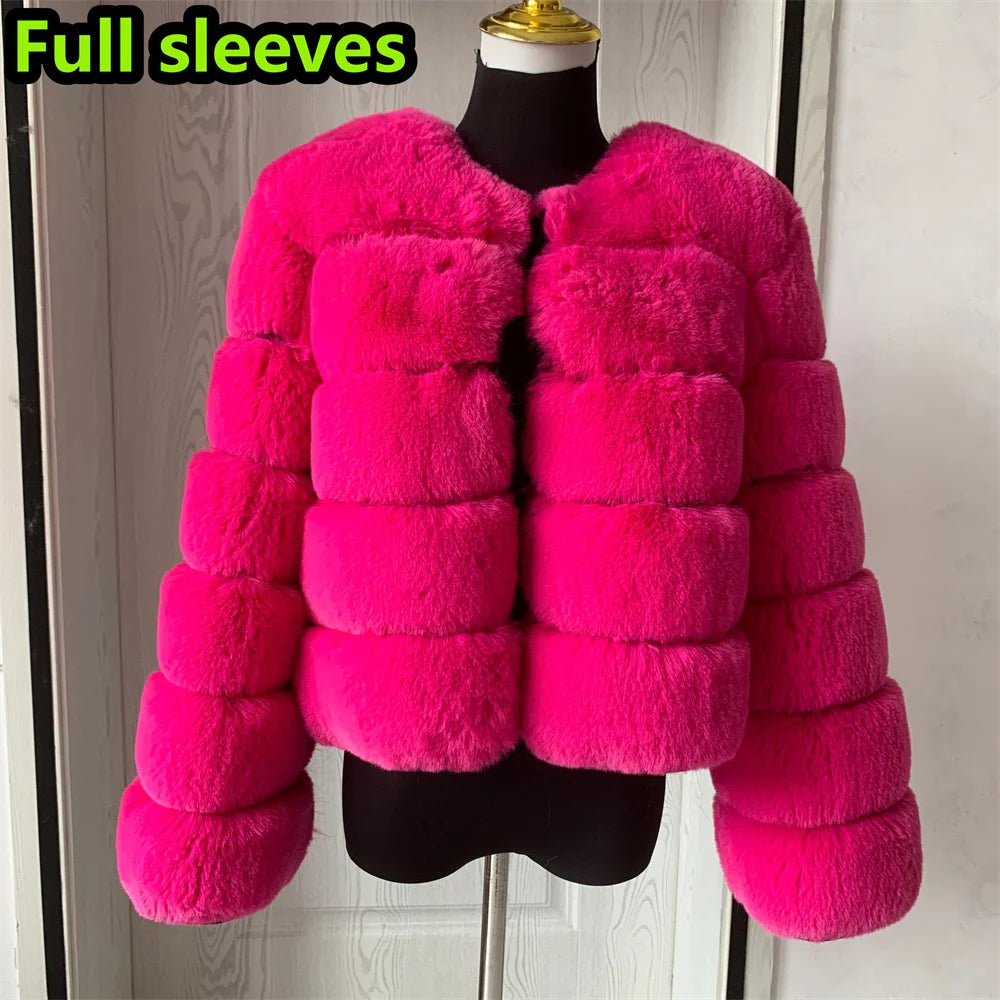 Amoura Elegance Women's Faux Fur Coat – Short Fluffy Jacket, High-Quality Faux Fox Fur, Stylish Winter Warmth Shor Sleeve( 50 cm)