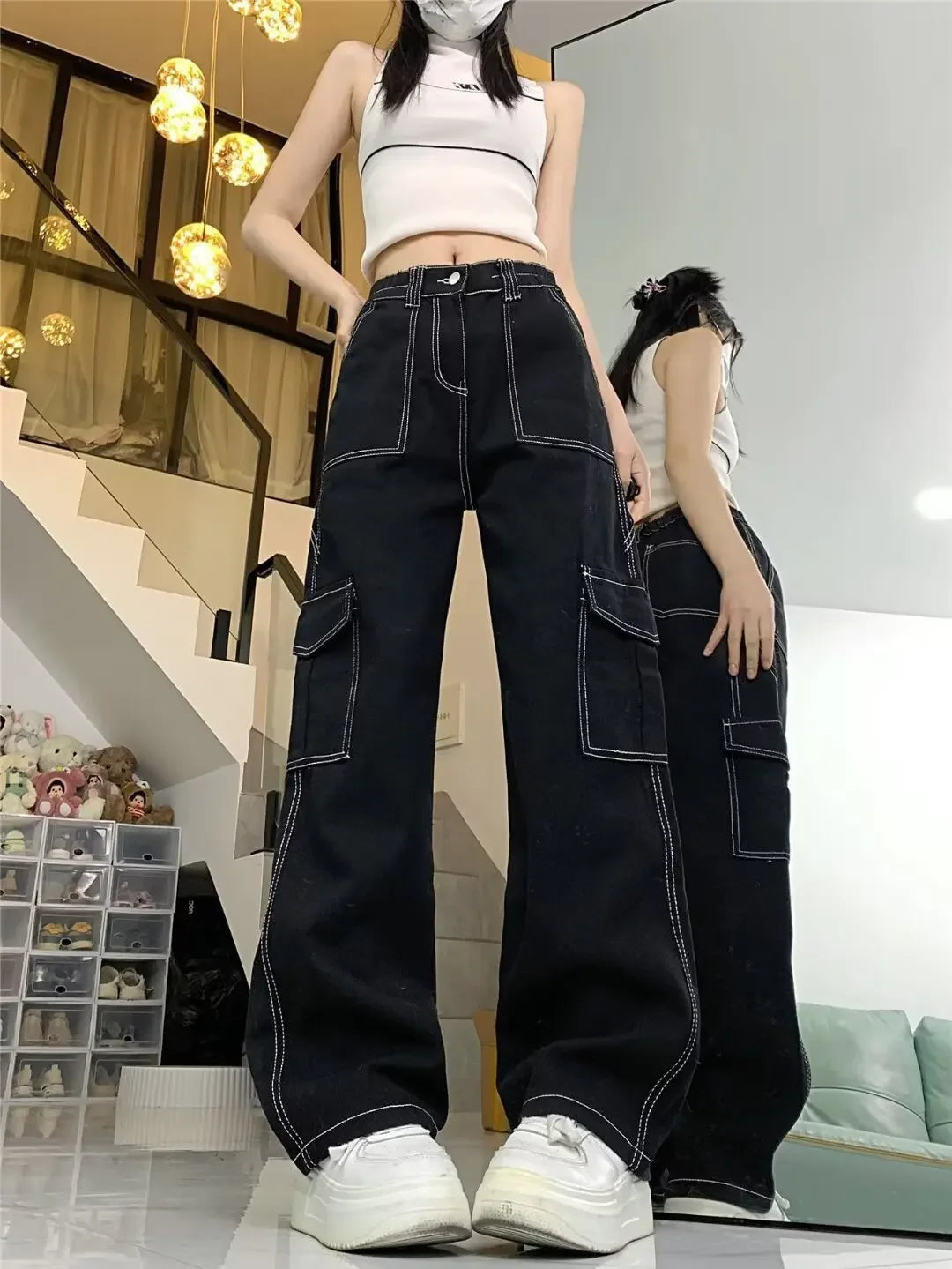 Amoura Elegance Women's 2024 Straight-Leg Loose-Fit High-Waisted Cargo Pants – Slimming, Petite-Friendly Wide-Leg Design for Spring & Autumn/Winter