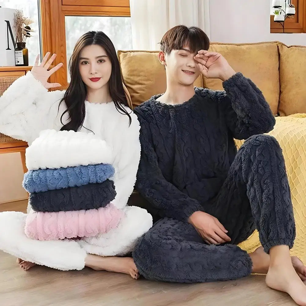 Amoura Elegance Cozy Coral Fleece Pajama Set for Couples – Elastic Waist, Thickened Winter Loungewear Pants and Top, Comfortable Homewear for Cold Weather