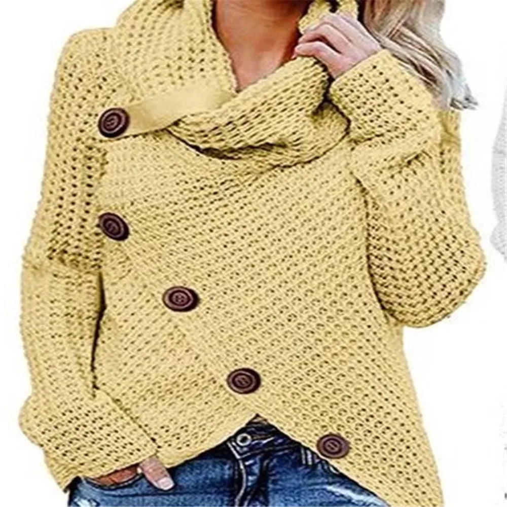 "Amoura Elegance Women's Turtleneck Knitted Sweater Autumn/Winter – Long Lantern Sleeve Five-Button Cardigan Coat, Oversized Fit S-5XL"