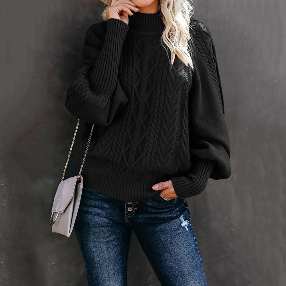 Amoura Elegance 2024 Winter New Mid-Neck Sweater – Women’s Loose Long Sleeve Solid Color Knit Turtleneck for Office and Casual Wear