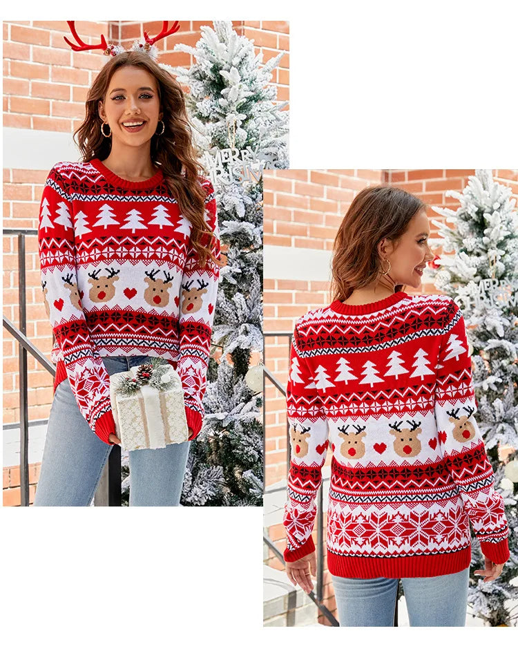 Amoura Elegance Women’s Autumn/Winter Knitwear – O-Neck Long Sleeve Printed Sweater, Casual Fashion Knitted Pullover Top for Feminina Style