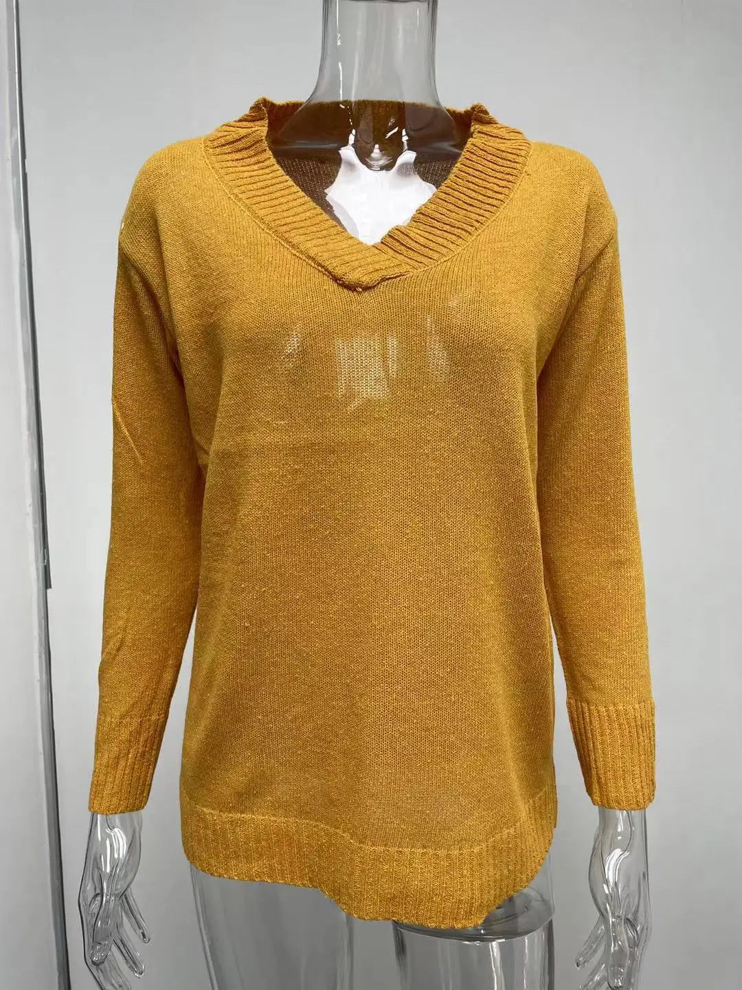 Amoura Elegance Fashion Europe and US 2024 Autumn/Winter Solid Color V-Neck Sweater Blouse – Casual Loose Fit Women's Top