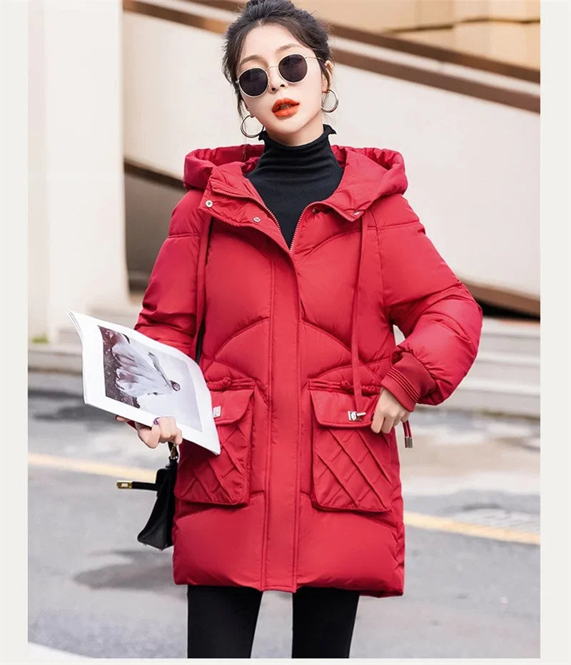 Amoura Elegance Women's 2024 Hooded Parka Winter Jacket – Thick Cotton Padded Long Warm Coat for Winter Weather