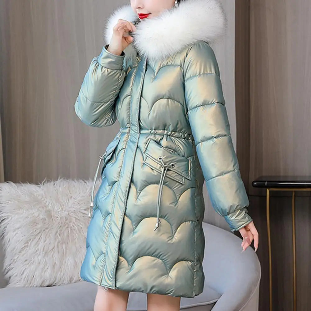 "Amoura Elegance Women's Winter Cotton Coat – Thickened Padded Faux Fur Hooded Mid-Length Slim Fit Windproof Outerwear for Cold Weather Comfort"