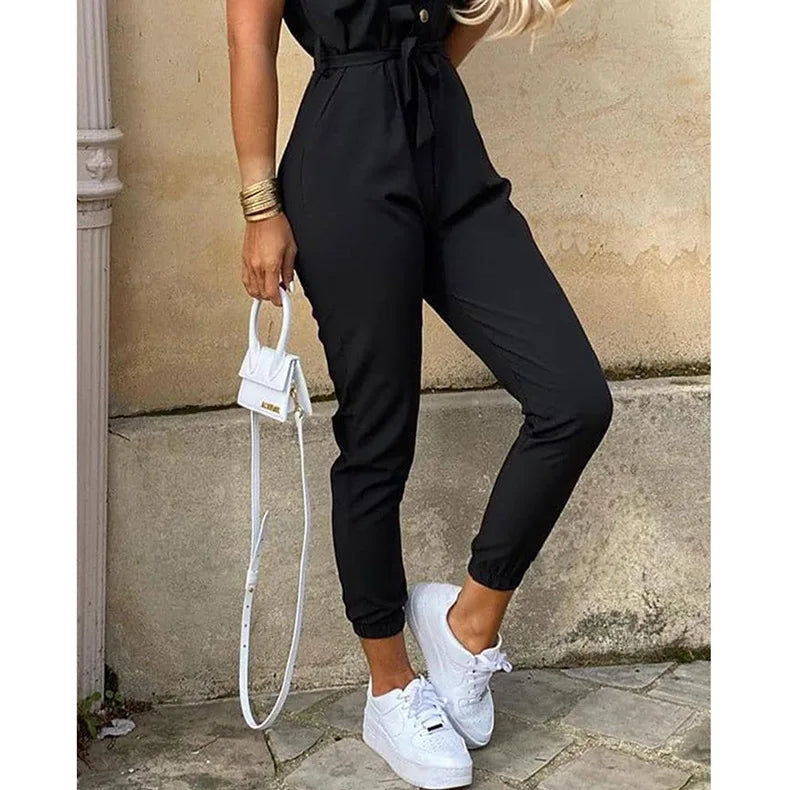 Amoura Elegance European & American Women's Casual Lapel Buckle Printed Belt Cargo Jumpsuit – Stylish Utility Fashion