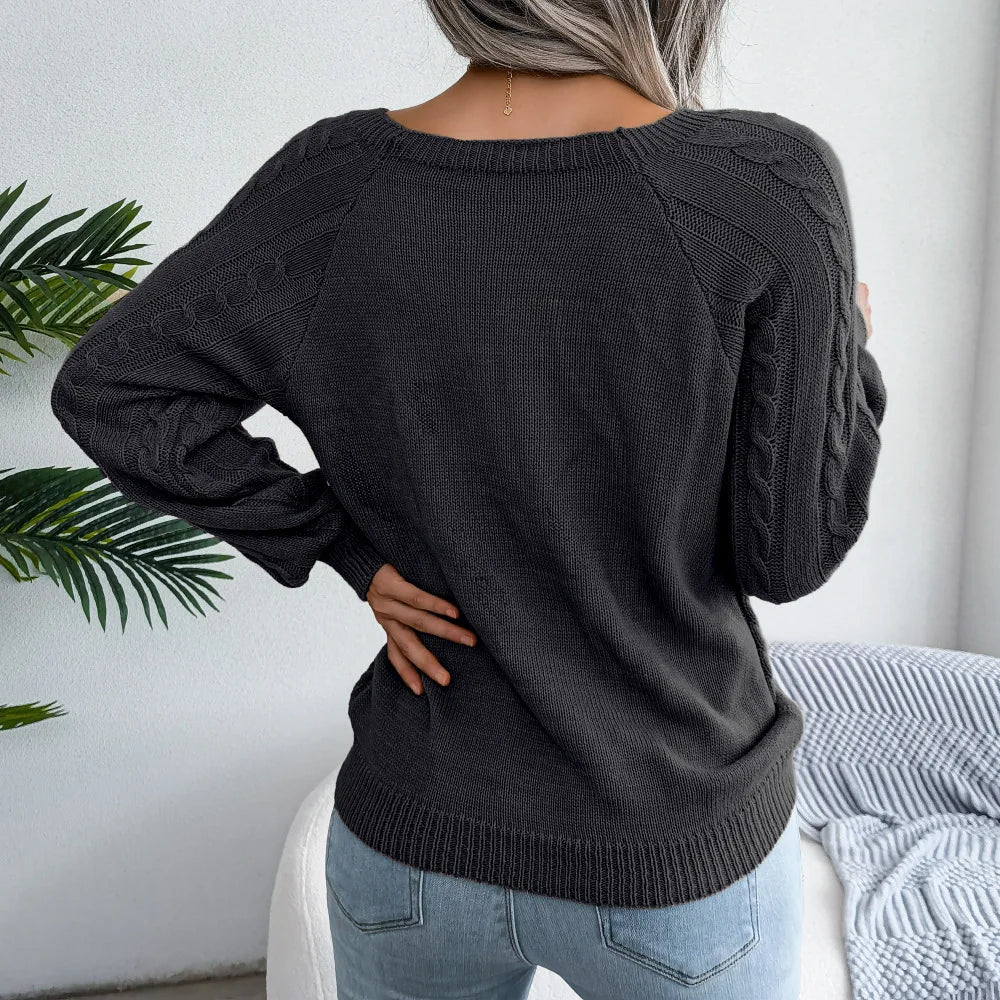 Amoura Elegance Women's 2024 Autumn/Winter Casual Square Collar Nail Buckle Twist Knitted Pullover Sweater – Chic & Cozy Knitwear