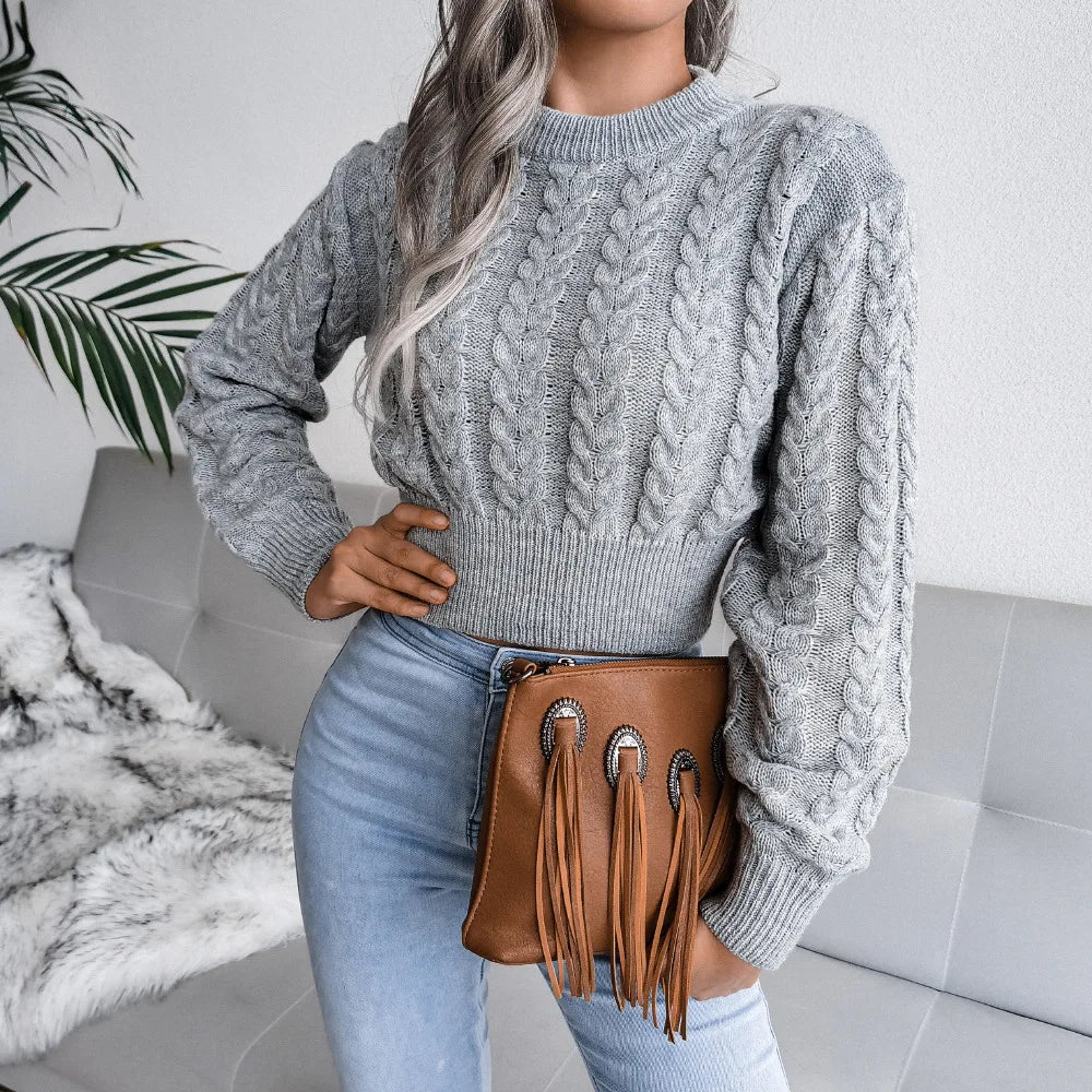 Amoura Elegance Women’s 2024 Autumn/Winter Twist Knitted Pullover – Solid Color Crew Neck, Long-Sleeve Sexy Babes Waist-Fitting Sweater