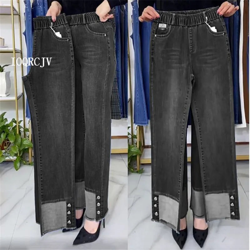 Women's Spring & Autumn Stretch Waist Straight Denim Pants – Large Size, Loose High-Waist Casual Jeans in Black & Blue | Amoura Elegance