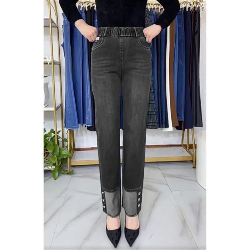 Women's Spring & Autumn Stretch Waist Straight Denim Pants – Large Size, Loose High-Waist Casual Jeans in Black & Blue | Amoura Elegance