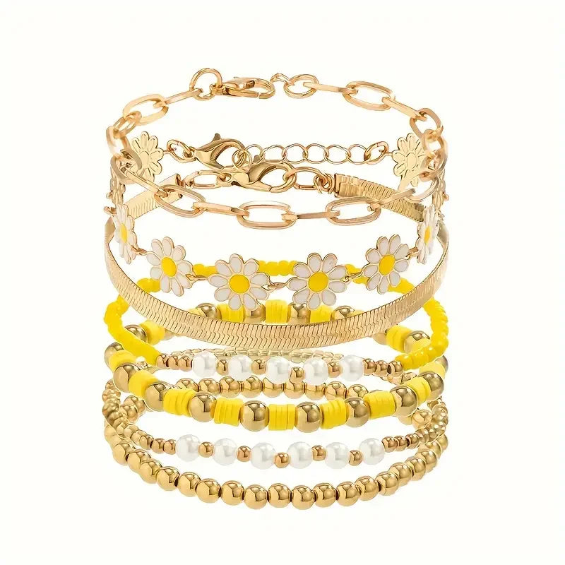 "Amoura Elegance 7-Piece Yellow Daisy Flower Bracelet Set – Vintage Gold Beaded Chain, Bohemian Handcrafted Jewelry for Women"
