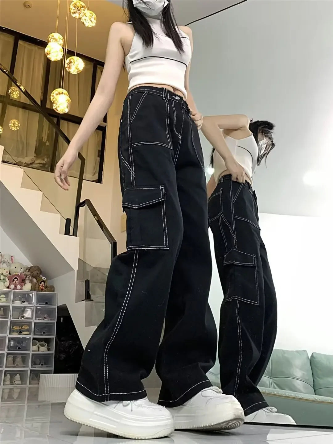 Amoura Elegance Women's 2024 Straight-Leg Loose-Fit High-Waisted Cargo Pants – Slimming, Petite-Friendly Wide-Leg Design for Spring & Autumn/Winter