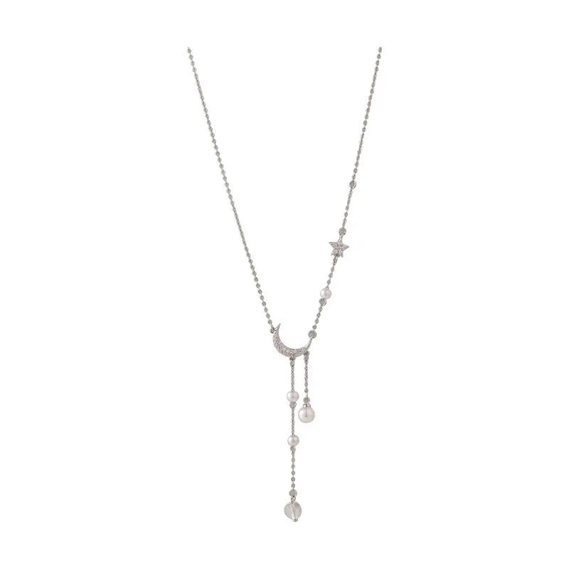 "Amoura Elegance Star Moon Imitation Pearl Tassel Chain Necklace – Light Luxury Clavicle Chain for Women, Party Jewelry"