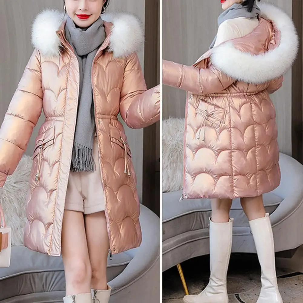 "Amoura Elegance Women's Winter Cotton Coat – Thickened Padded Faux Fur Hooded Mid-Length Slim Fit Windproof Outerwear for Cold Weather Comfort"