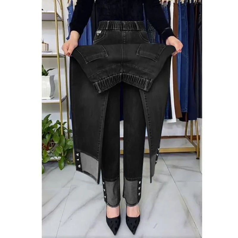 Women's Spring & Autumn Stretch Waist Straight Denim Pants – Large Size, Loose High-Waist Casual Jeans in Black & Blue | Amoura Elegance