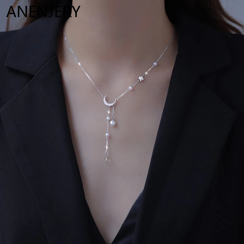 "Amoura Elegance Star Moon Imitation Pearl Tassel Chain Necklace – Light Luxury Clavicle Chain for Women, Party Jewelry"