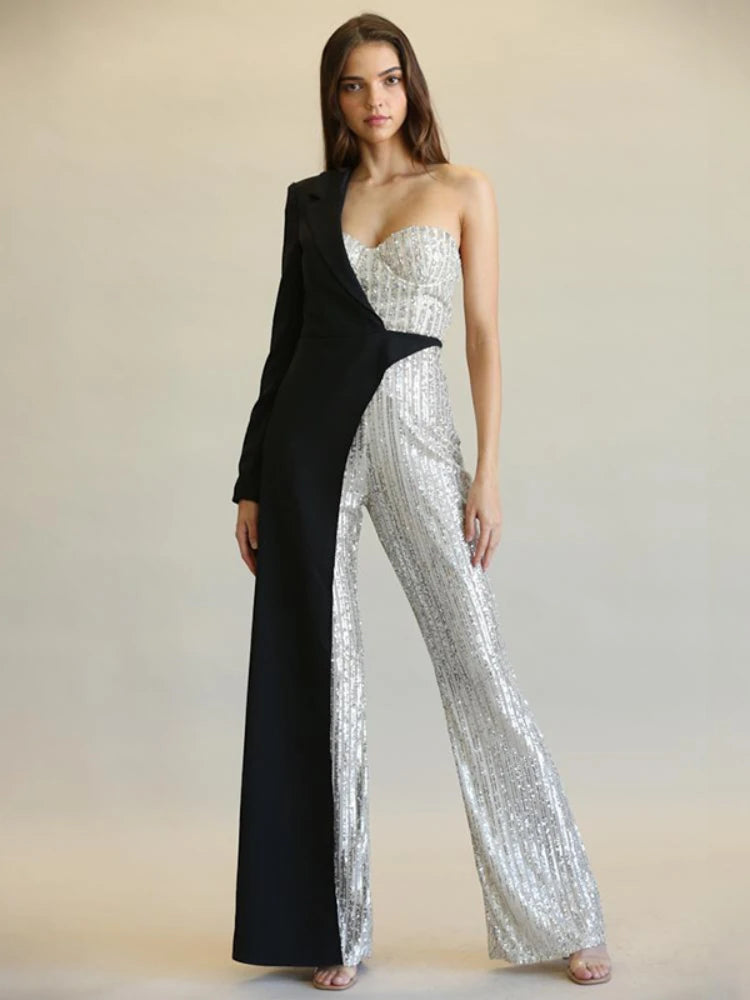 Amoura Elegance European & American Women's Silver Splicing Sequin One-Shoulder Jumpsuit – Glamorous Evening Wear