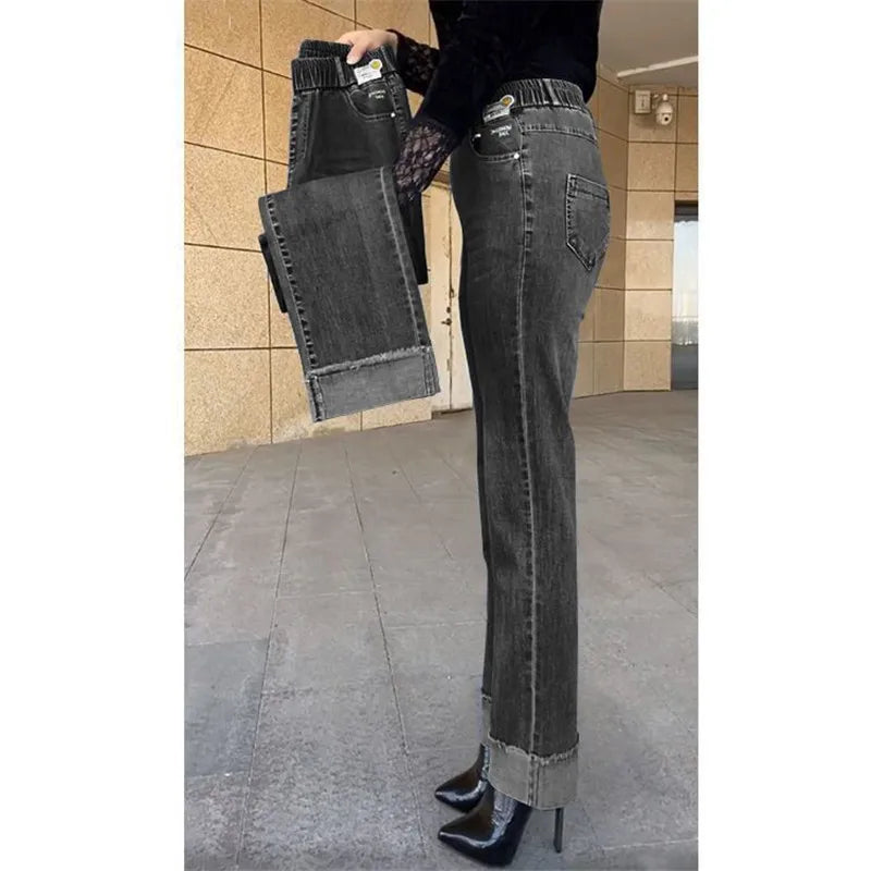Women's Spring & Autumn Stretch Waist Straight Denim Pants – Large Size, Loose High-Waist Casual Jeans in Black & Blue | Amoura Elegance