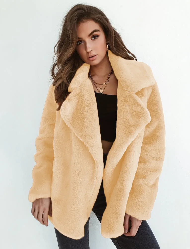 "Amoura Elegance Women's Plush Lapel Slim-Fit Jacket – European & American Fashion Sexy Autumn/Winter Outerwear for Stylish Comfort"